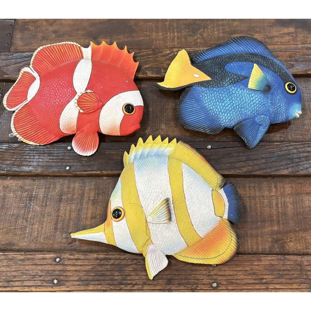 3 Marine Fish Set Wall Aquarium Decor Vintage 2001 Clownfish Butterflyfish Tang